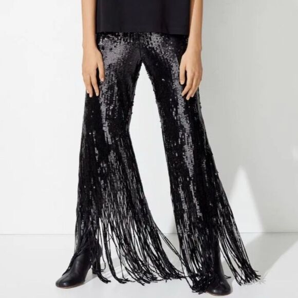 H&M Studio S/S 2021 Fringed Meshed Sequin Black Trousers Size 2 - Picture 1 of 11